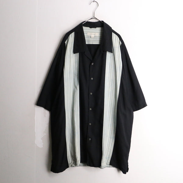 black×opal green color stripe design H/S open collar silk shirt