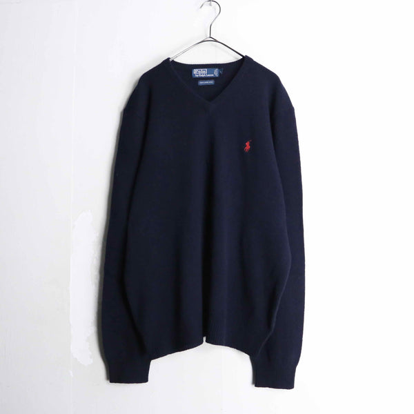 "Polo by Ralph Lauren" navy lamb wool V-neck knit