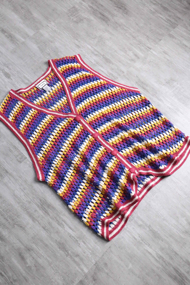 colorful crochet button-up knit vest