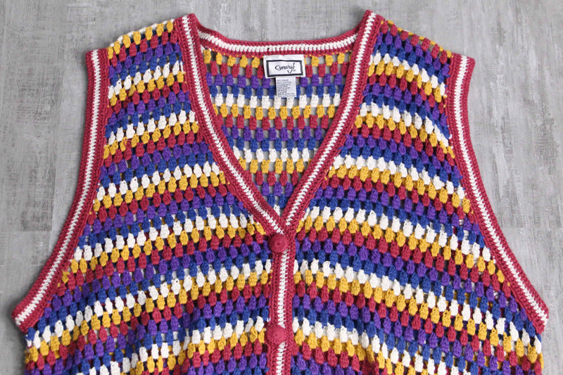 colorful crochet button-up knit vest