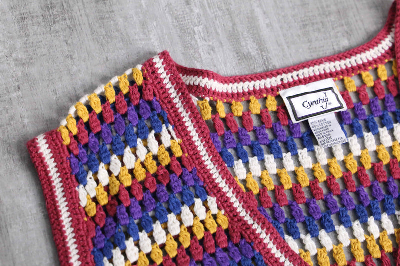 colorful crochet button-up knit vest