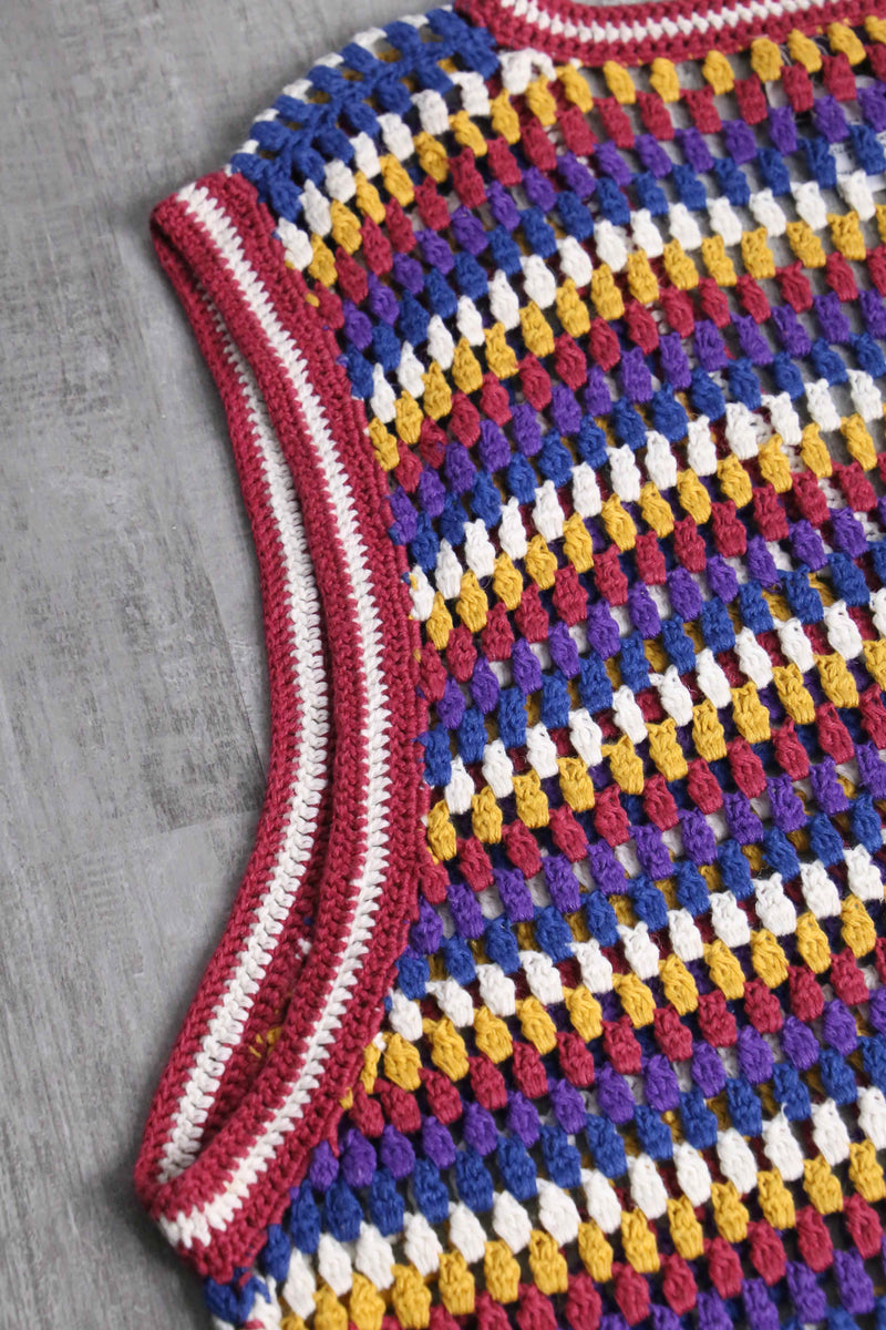 colorful crochet button-up knit vest
