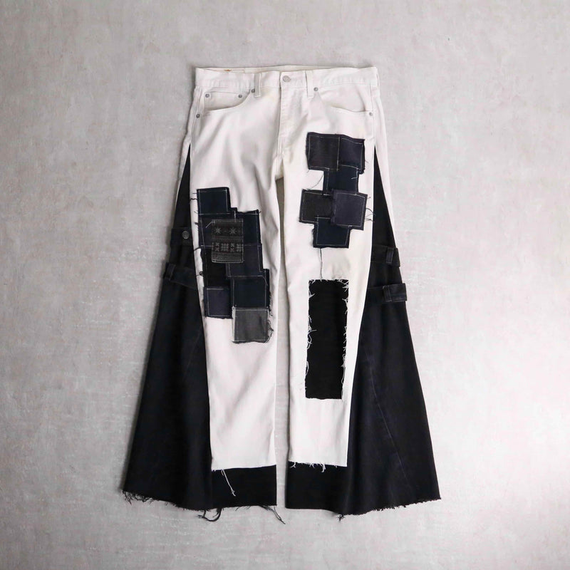 remake "再構築" black×white color patchwork design flare denim pants