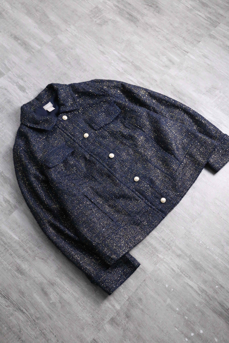 ”CHICO’S” navy base lame tweed tracker jacket