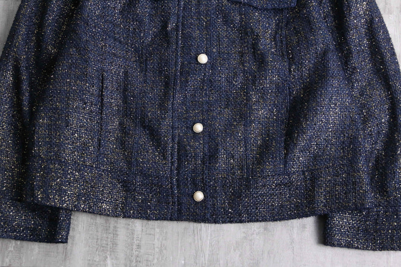 ”CHICO’S” navy base lame tweed tracker jacket