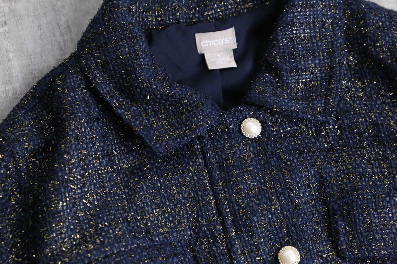 ”CHICO’S” navy base lame tweed tracker jacket