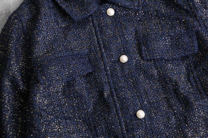 ”CHICO’S” navy base lame tweed tracker jacket