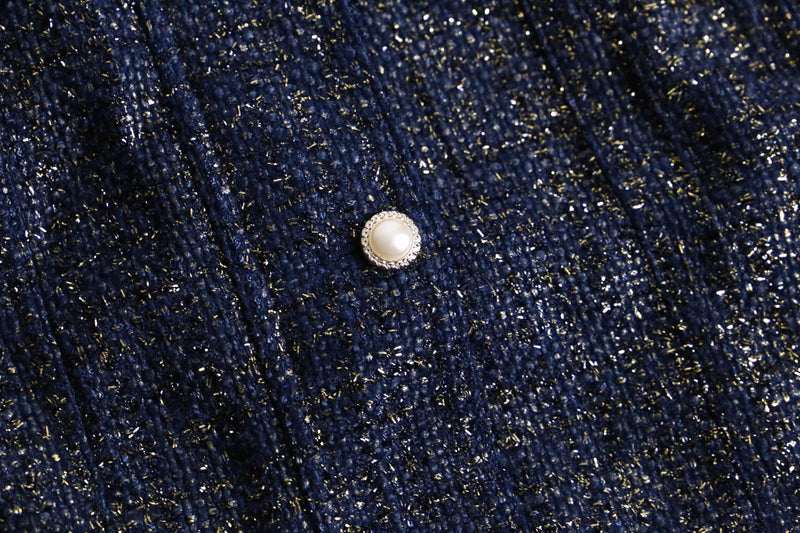 ”CHICO’S” navy base lame tweed tracker jacket