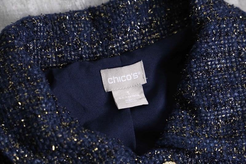 ”CHICO’S” navy base lame tweed tracker jacket