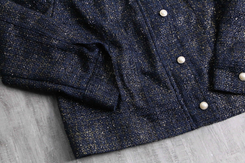 ”CHICO’S” navy base lame tweed tracker jacket
