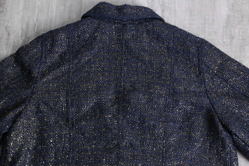 ”CHICO’S” navy base lame tweed tracker jacket