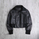 Cropped length black leather bomber jacket