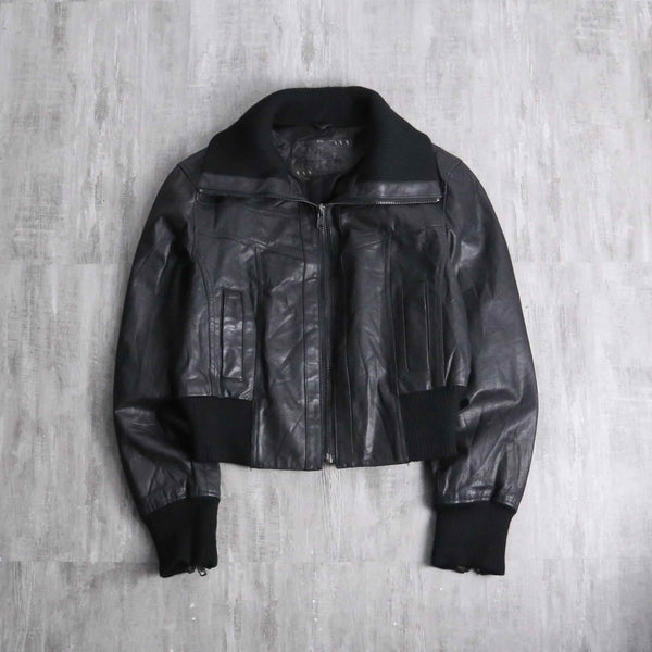 Cropped length black leather bomber jacket
