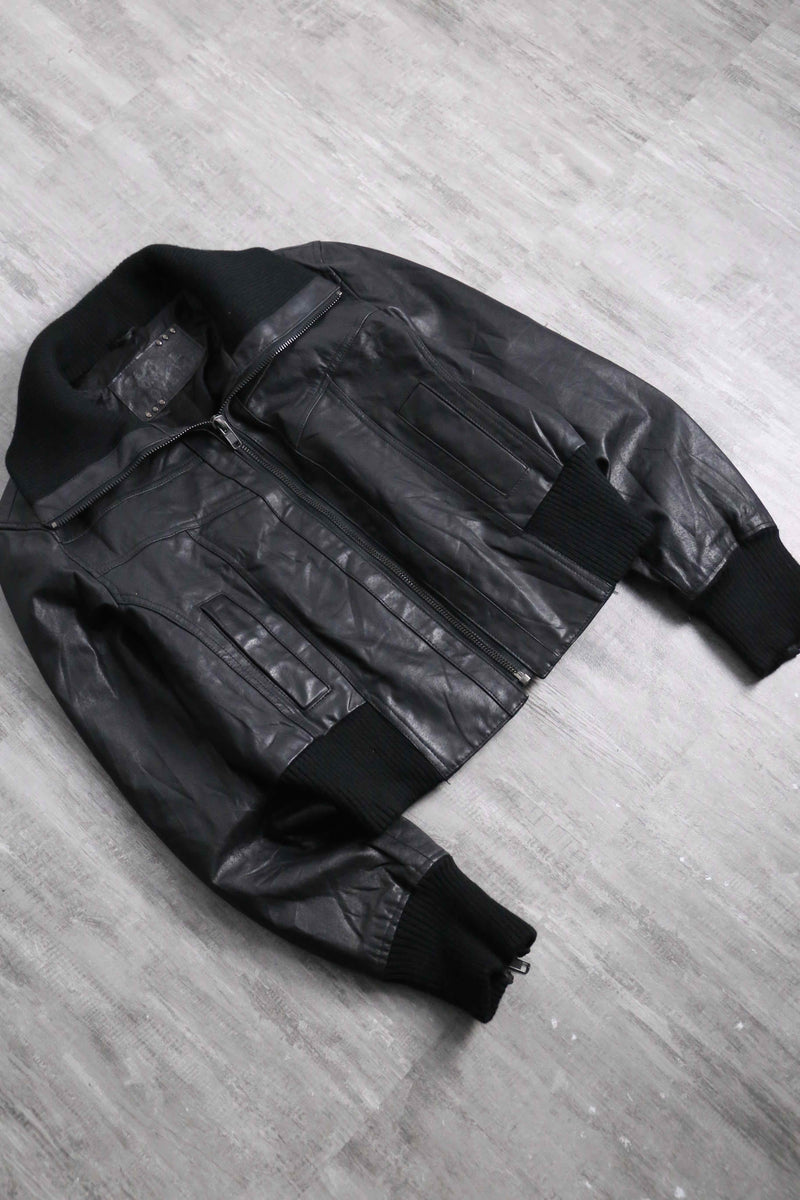 Cropped length black leather bomber jacket