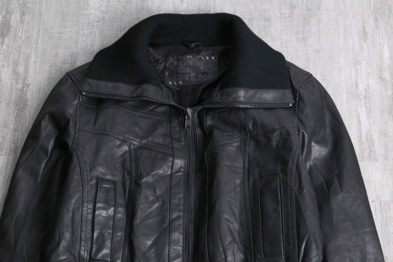 Cropped length black leather bomber jacket