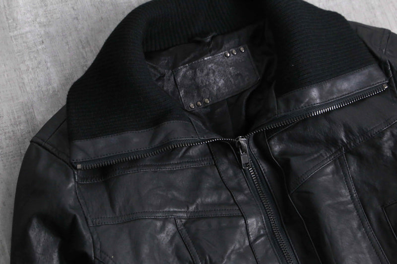 Cropped length black leather bomber jacket