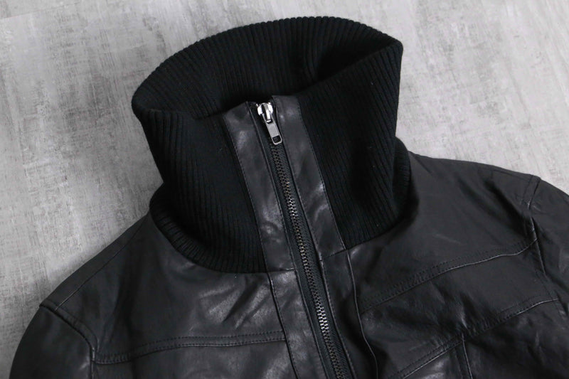 Cropped length black leather bomber jacket