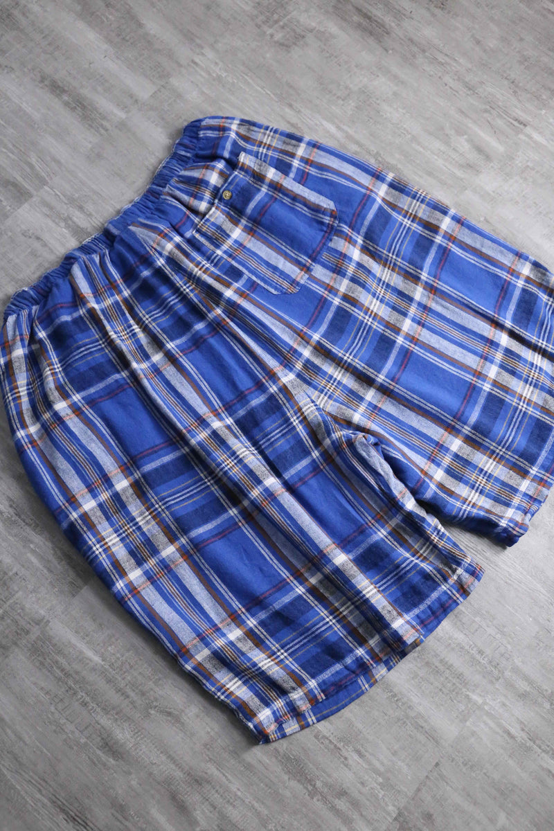 "KING SIZE" 3XL linen × rayon blue base plaid pattern draw cord short pants