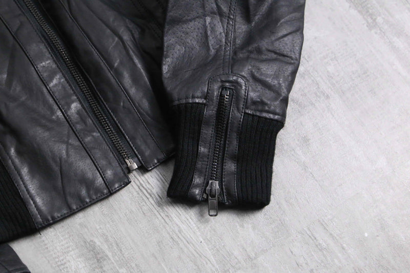 Cropped length black leather bomber jacket