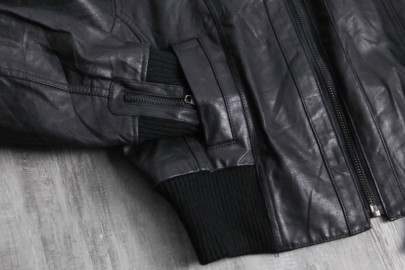 Cropped length black leather bomber jacket
