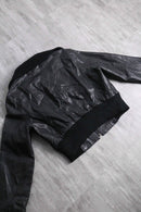 Cropped length black leather bomber jacket
