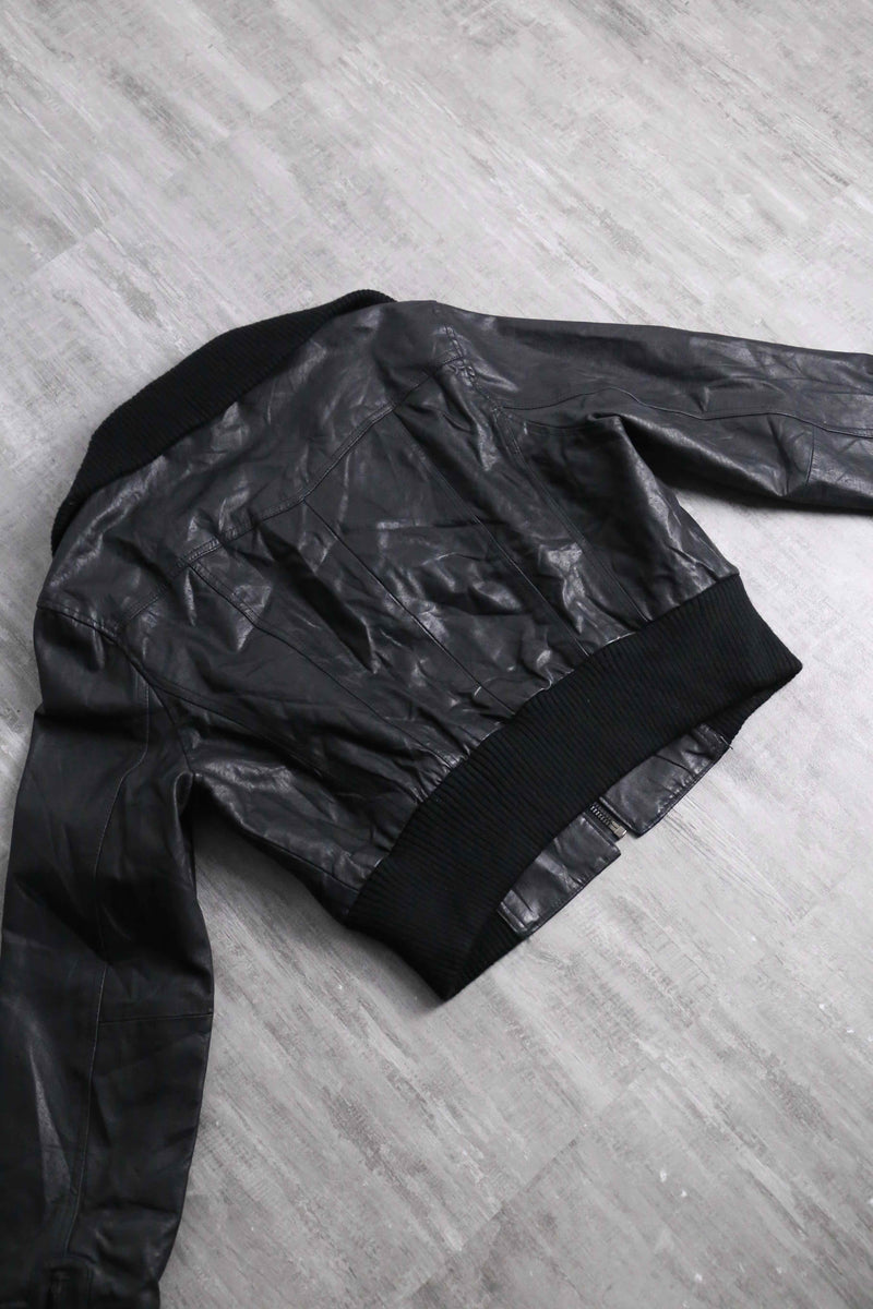 Cropped length black leather bomber jacket