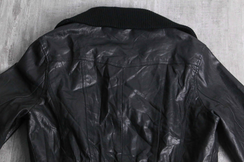 Cropped length black leather bomber jacket
