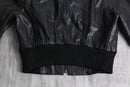 Cropped length black leather bomber jacket