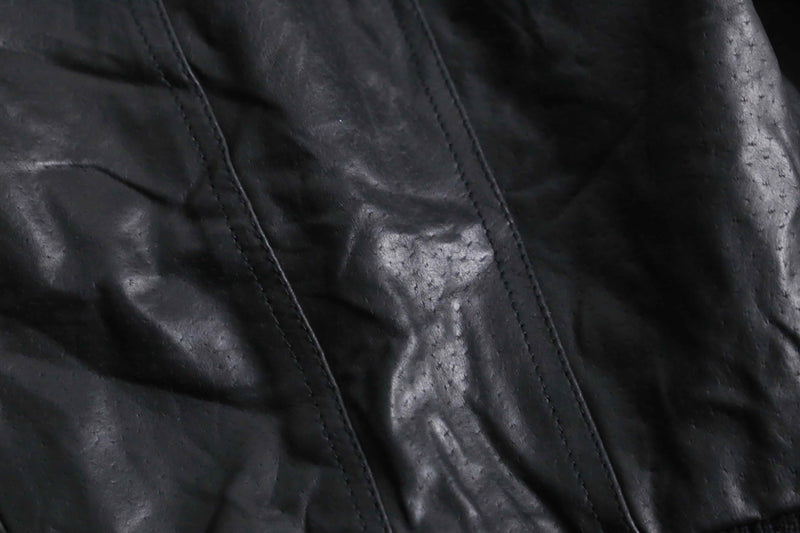 Cropped length black leather bomber jacket