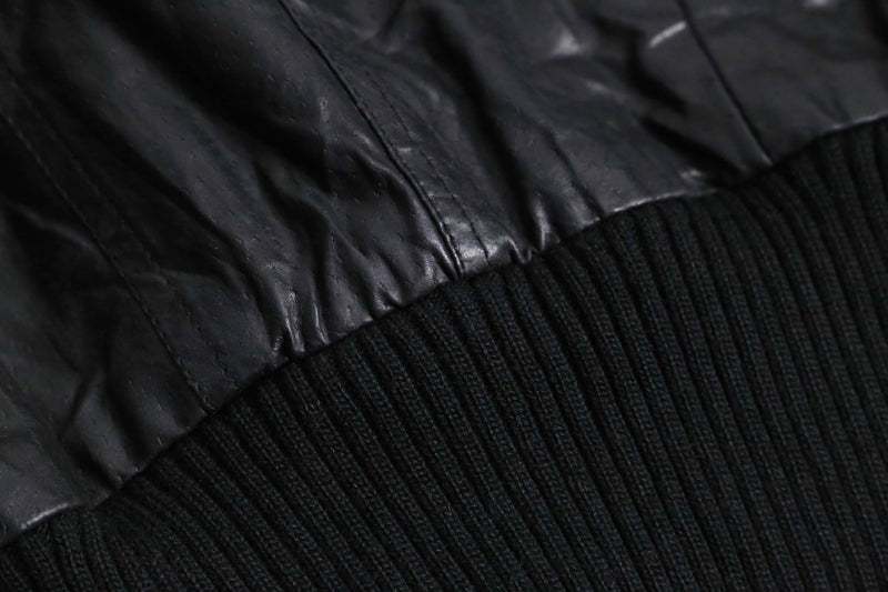 Cropped length black leather bomber jacket