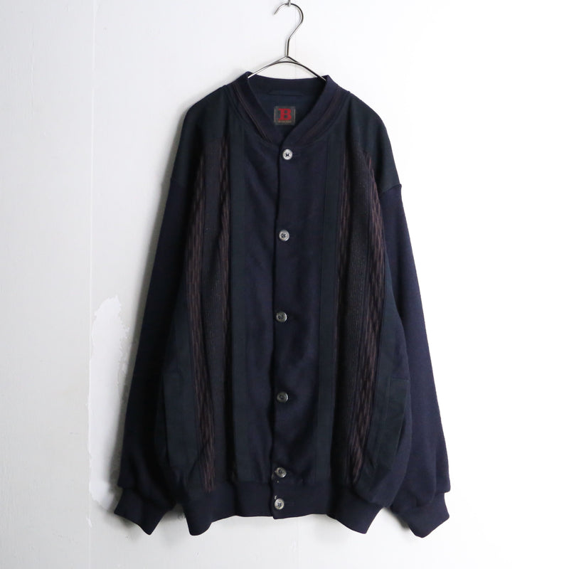 80's "bueckle" navy color suede switching knit loose cardigan