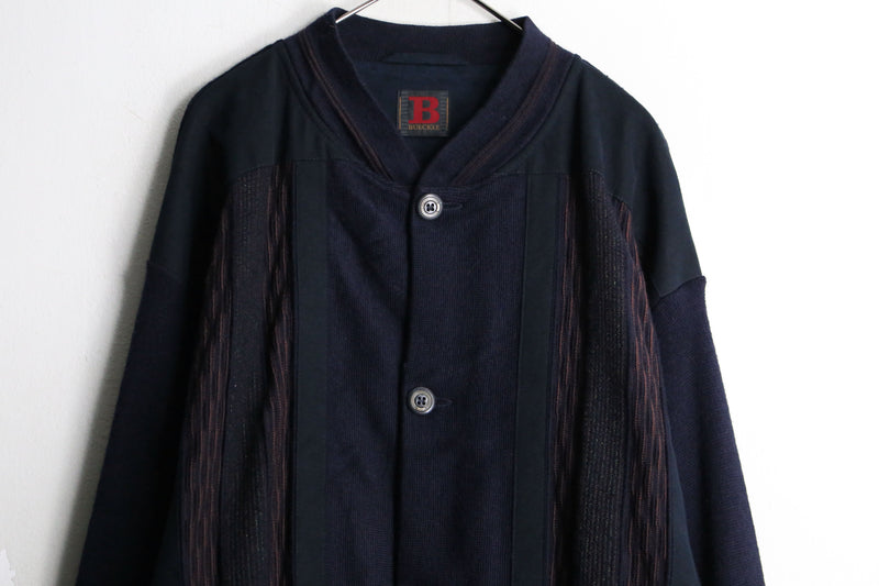 80's "bueckle" navy color suede switching knit loose cardigan