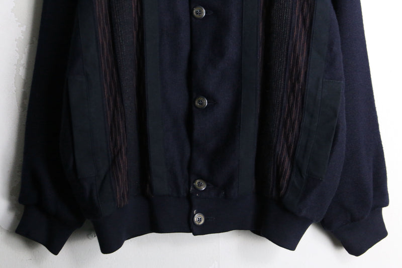 80's "bueckle" navy color suede switching knit loose cardigan