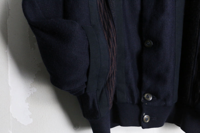 80's "bueckle" navy color suede switching knit loose cardigan