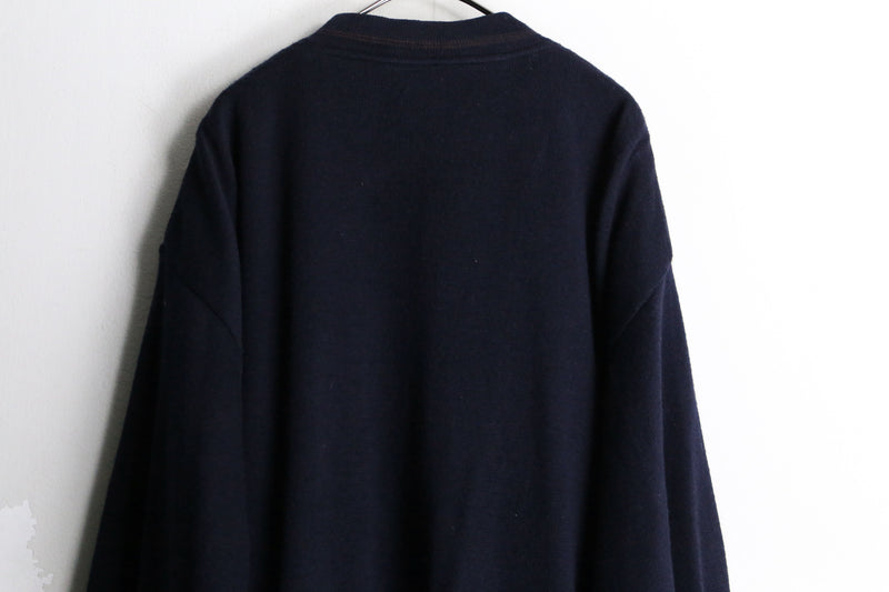 80's "bueckle" navy color suede switching knit loose cardigan