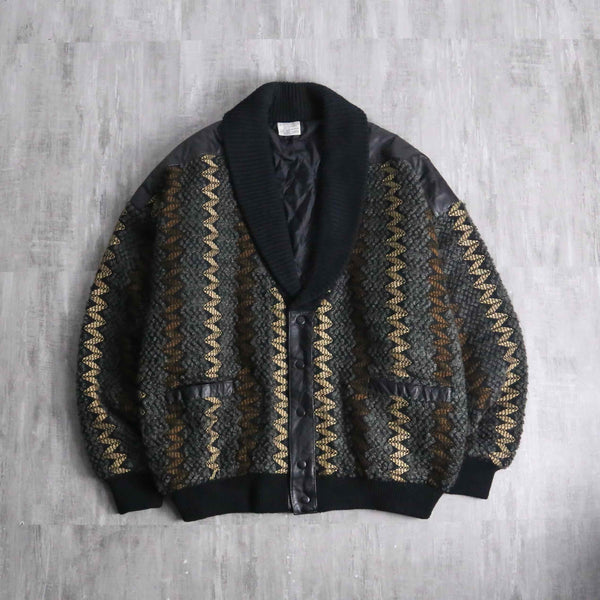 textured knit × leather combination cardigan