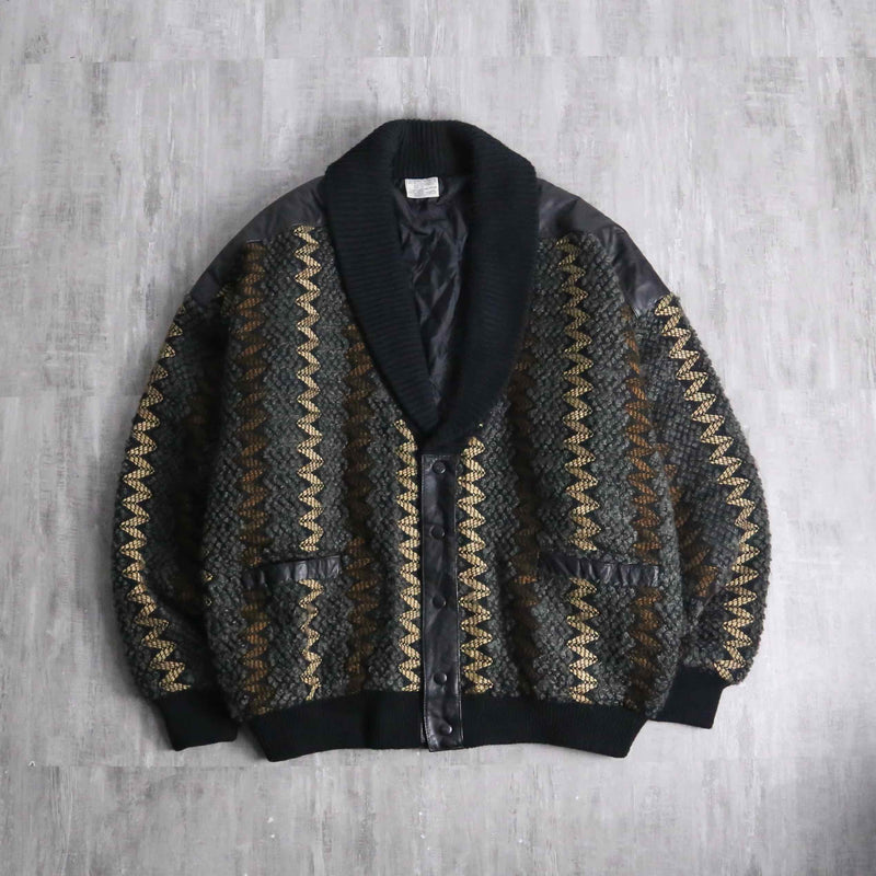 textured knit × leather combination cardigan