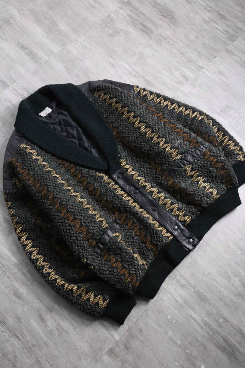 textured knit × leather combination cardigan