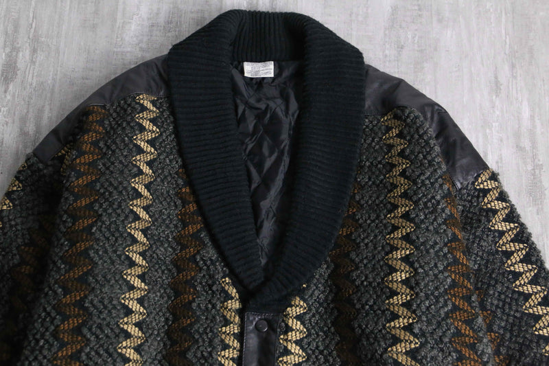 textured knit × leather combination cardigan