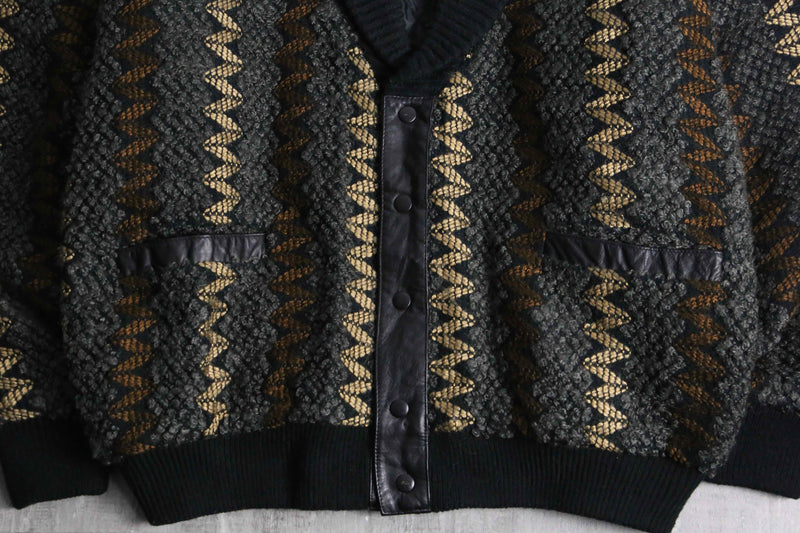 textured knit × leather combination cardigan