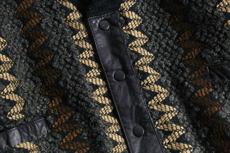 textured knit × leather combination cardigan