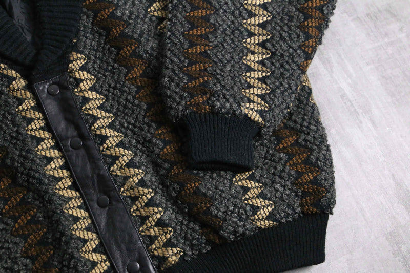 textured knit × leather combination cardigan