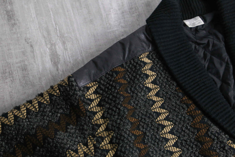 textured knit × leather combination cardigan