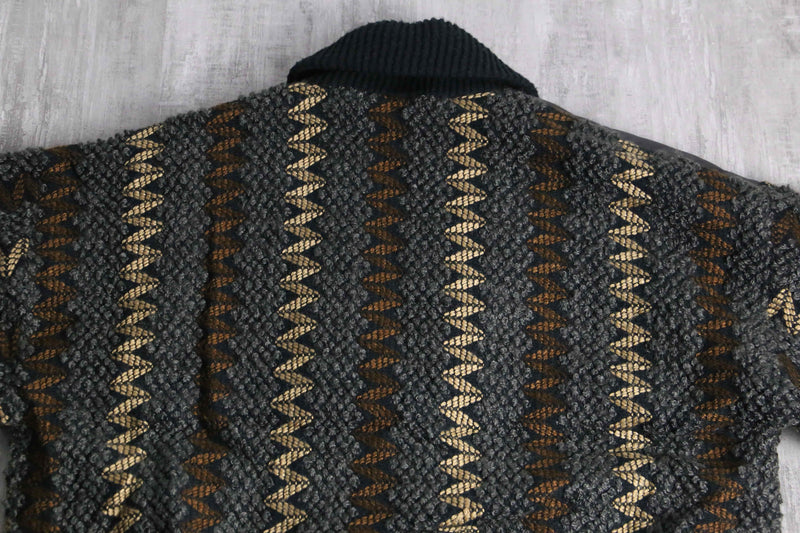 textured knit × leather combination cardigan