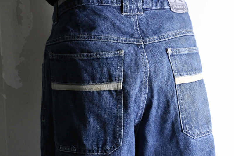 "RUSTY" white line design wide buggy denim pants