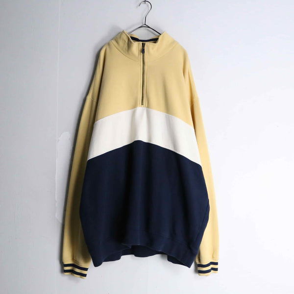 high-neck horizontal stripe half zip tops