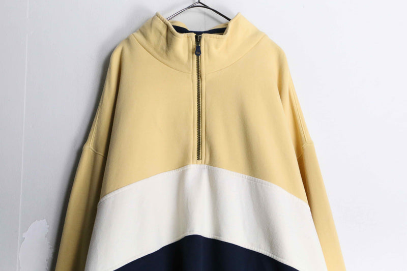 high-neck horizontal stripe half zip tops