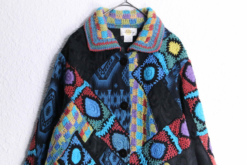 tribal mix design gobelin×crochet knit patchwork coat