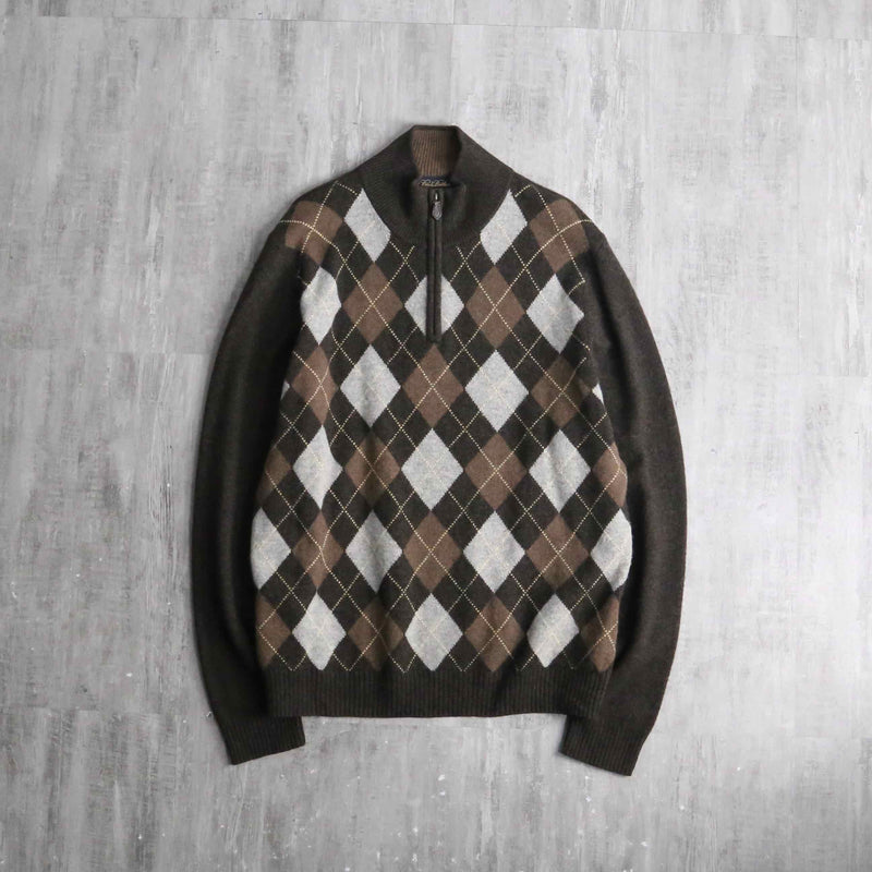 Brooks Brothers” lambs wool argyle check half zip knit