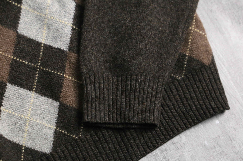 Brooks Brothers” lambs wool argyle check half zip knit